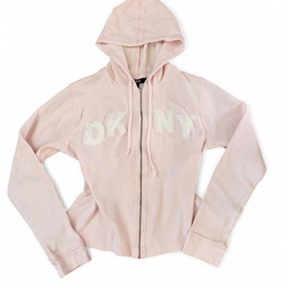 Y2K 2000s style DKNY pink zip‎ up hoodie with white logo